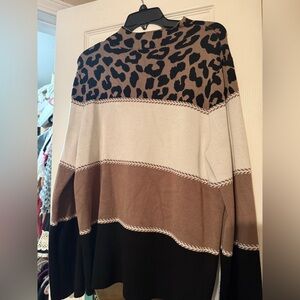 Investments Leopard Yoke Colorblock Crew Sweater - Brown/Beige/Black